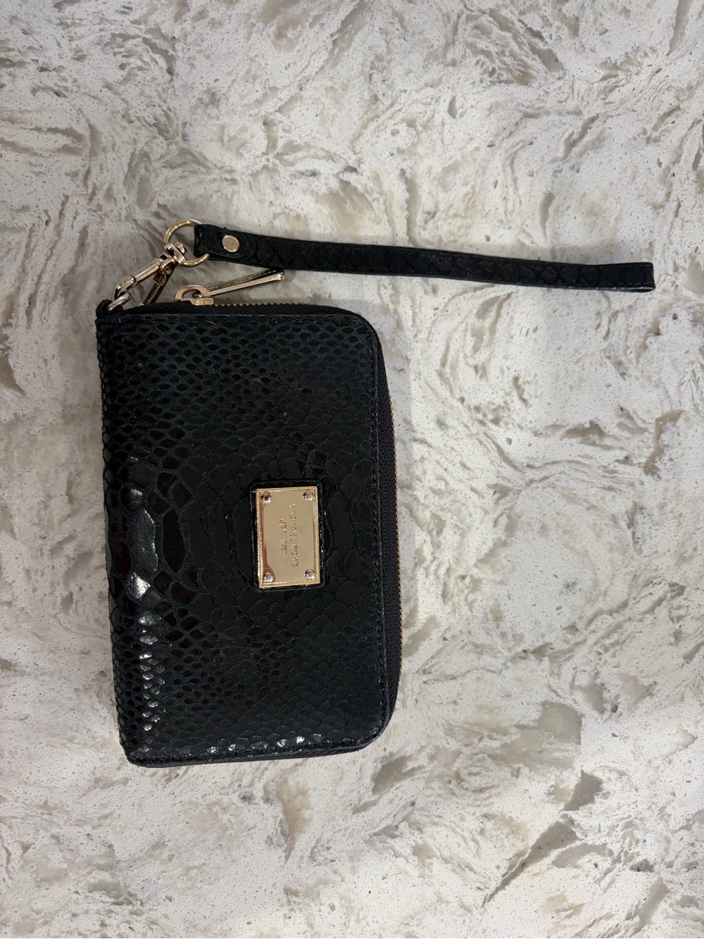 Michael Kors Black Snake-Embossed Wristlet Card Holder with Gold Plate